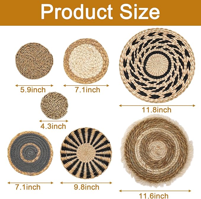 7 PCS Boho Wall Basket Decor, Handwoven Seagrass wall Hanging Baskets – Round Bohemian Wall basket for Farmhouse, Home, Room, Rustic Decor, Table Centerpiece (Black)