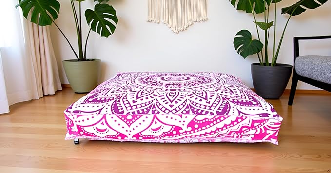INDIAN CRAFT CASTLE 24" Pink Ombre Mandala Barmeri Large Floor Pillow Cover Cushion Meditation Seating Ottoman Throw Cover Hippie Decorative Zipped Bohemian Pouf Ottoman Pom Pom Cases 24" Square