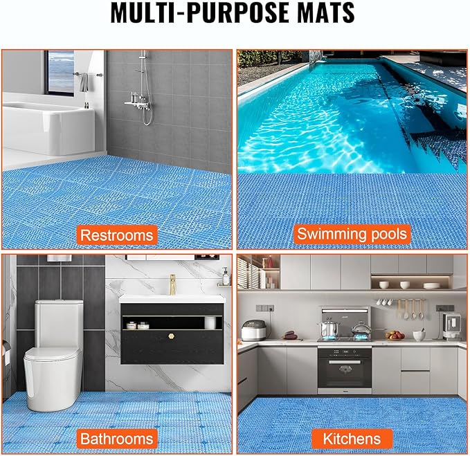 VEVOR Interlocking Tiles, 55Pcs 12 x 12 in, Soft PVC Drainage Tile Mat, Non Slip & Wear-Resistant Splicing Drainage Mat, Floor Tile Drain Holes for Restroom, Bathroom, Kitchen, Pool, Blue