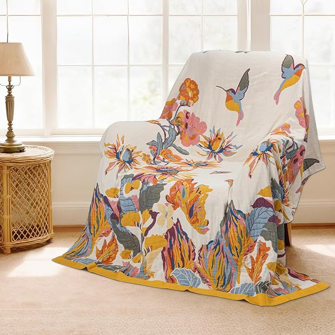 MACEVIA 100% Cotton Boho Throw Blanket, Soft Lightweight Butterfly Floral Design, 80"x90" Large Bedspread for Queen Bed, Couch Sofa, Cottagecore Decor(Butterfly Floral)