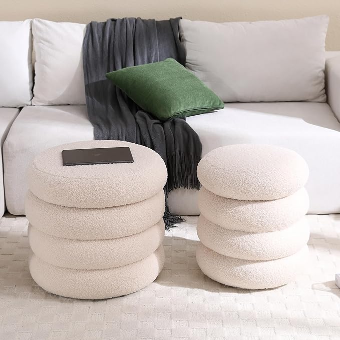 Boucle Ottoman with Storage, Small Round Footrest Stool for Living Room Bedroom, Upholstered Sherpa Vanity Seat with Removable Lid, Modern Comfy Foot Stool for Couch Entryway, Off White