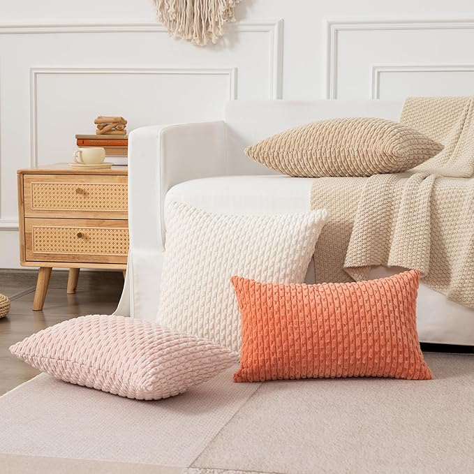 Kevin Textile Valentines Day 14x24 Inch Pillow Cover 1 Pack Boho Decorative Soft Striped Corduroy Lumbar Farmhouse Accent Rectangle Cushion Case for Living Room Couch Sofa Bed, Light Pink