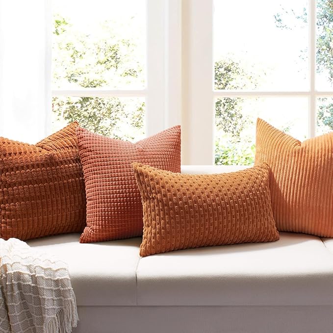 Softalker Fall Decorative Throw Pillow Covers 20 x 20 Inch, Set of 2, Thanksgiving Autumn Harvest Super Soft Corduroy Boho Striped Pillowcases for Couch Sofa Living Room Bed Home Decor, Burnt Orange