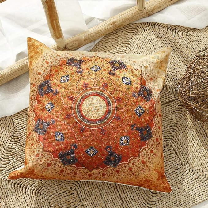 Jartinle Set of 4 Retro Floral Mandala Compass Medallion Bohemian Pillow Covers Boho Decor Hippie Throw Pillows Decorative for Sofa Couch 18 x 18