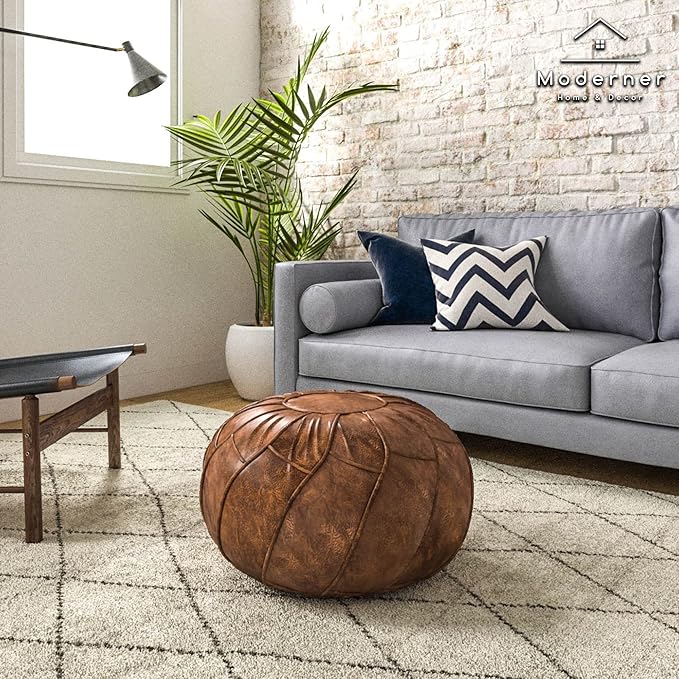 Moderner Faux Leather Pouf Unstuffed Ottoman Moroccan Footstool, Floor Footrest Cushion, Storage Solution - Natural Brown Color (Mocha, Round)