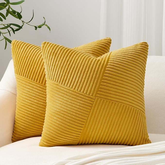 Topfinel Yellow Decorative Throw Pillow Covers 16x16 Inch Cute Boho Stripe Soft Corduroy Modern Farmhouse Spring Home Decor 2 Packs Pillow Covers for Sofa Living Room Couch Bed 40x40 cm