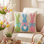 AVOIN colorlife Easter Polka Dot Heart Colorful Bunny Embroidered Throw Pillow Covers, 18 x 18 Inch Bow Rabbits Tufted Patterned Linen Decoration Cushion Case for Sofa Set of 2