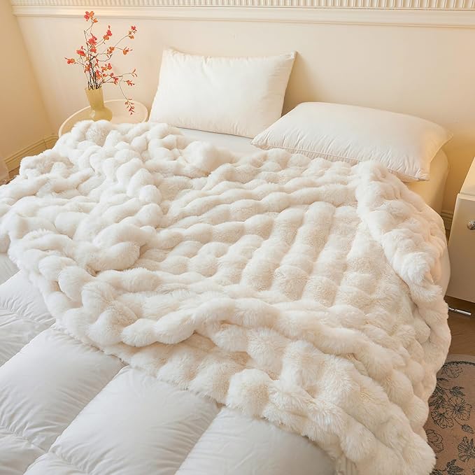 LIFEREVO Luxury Fluffy Faux Rabbit Fur Throw, Plush Fuzzy Bubble Blanket for Couch Sofa, Soft Cute Furry Bed Blanket Home Decoration, Shaggy Ivory Throw for Bedroom Living Room Office, 50x60, Beige