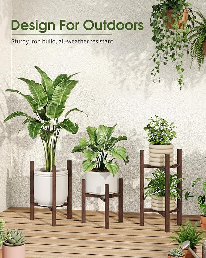 3 Pack Plant Stand Indoor Adjustable, Metal Modern Indoor Plant Stand, Heavy Duty Single Plant Stands Outdoor Corner, Stable Plant Holder Indoor Stand, Fits 8 to 12 Inches Pots, Walnut Wood-Grain