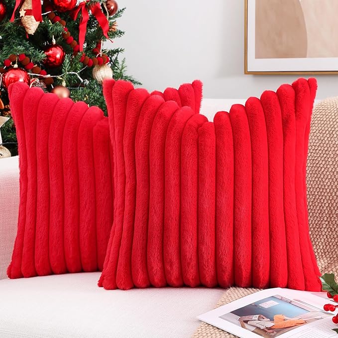 Pallene Faux Fur Plush Christmas Throw Pillow Covers 20x20 Set of 2, Luxury Soft Fluffy Striped Decorative Pillow Covers for Sofa, Couch, Living Room, Red