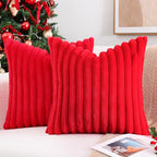 Pallene Faux Fur Plush Christmas Throw Pillow Covers 20x20 Set of 2, Luxury Soft Fluffy Striped Decorative Pillow Covers for Sofa, Couch, Living Room, Red