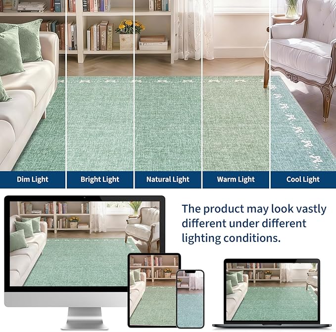 GarveeHome Bow Washable 8 x 10 Rug for Living Room Green 8x10 Playroom Rug Non Slip Soft Bedroom Rugs Low Pile Large Area Rug Stain Resistant Carpet for Nursery Dining Room, Green 8'x10'