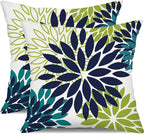 DFXSZ Navy Blue Flower Pillow Covers 18x18 Inch Set of 2 White Gray Colored Throw Pillows Outdoor Waterproof Decor for Living Room Sofa Patio Funiture Garden Floral Polyester Pillow Covers 002P18