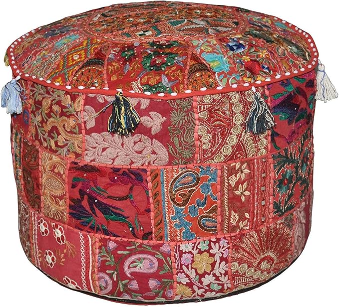 THE ART BOX Cotton Patchwork Vintage Boho Embroidered Bean Bag Seating Pouf Covers Ottoman Kids Stool Decorative Chair Boho Home Décor (14x22 Inches, Cover Only)