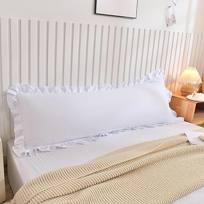 Nanko Body Pillow Case Cover 1 Pack 20x54, White Ruffled Boho Soft Shabby Chic Microfiber Extra Long Decorative Pillow Covers/Pillow Shams, Comfortable Body Pillowcase for Women Men