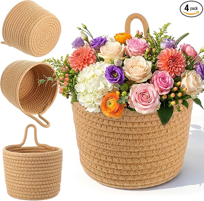 4 Pcs Jute Wall Hanging Baskets, Cotton Woven Storage Organizer for Flower Plants Towels Keys, Boho Farmhouse Decor, 4.9x6.4x7.4 Inches