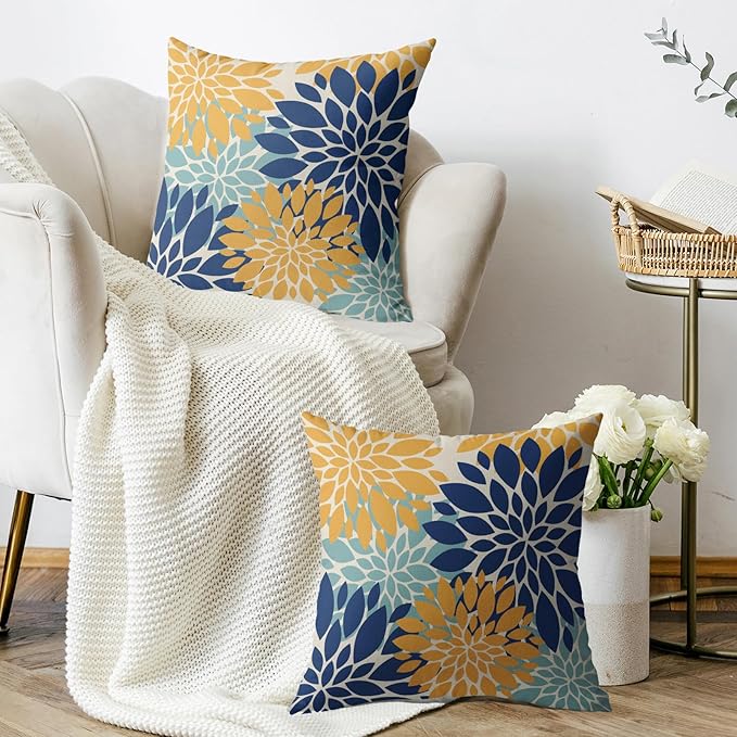 Yellow Blue Aqua Pillow Covers 24X24 Inch Set of 2, Summer Floral Dahlia Flower Decorative Throw Pillow Covers Outdoor Modern Farmhouse Cushion Case for Home Couch Sofa Bed Decor