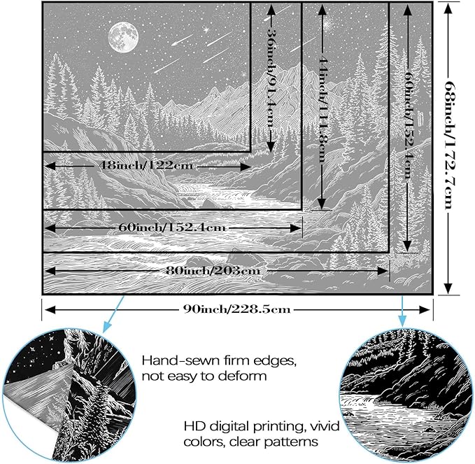 Zussun Black and White Forest Mountain Tapestry for Bedroom Aesthetic Dark Nature Pine Trees Stream Tapestries Wall Hanging Moon and Stars Wall Tapestry for Living Room Dorm 80 × 60 Inch