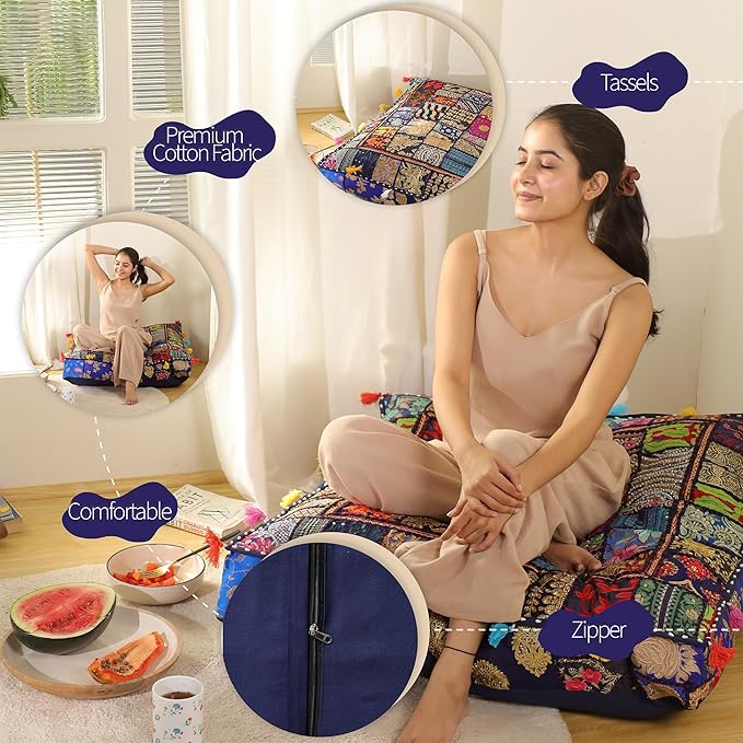 THE ART BOX Cotton Patchwork Vintage Boho Embroidered Floor Pillows & Cushion Cover Dog Pouf Seating Pouf Meditation Pillow Pet Bedding Cat Bed Boho Home Décor (35x35 Inches, Cover Only)
