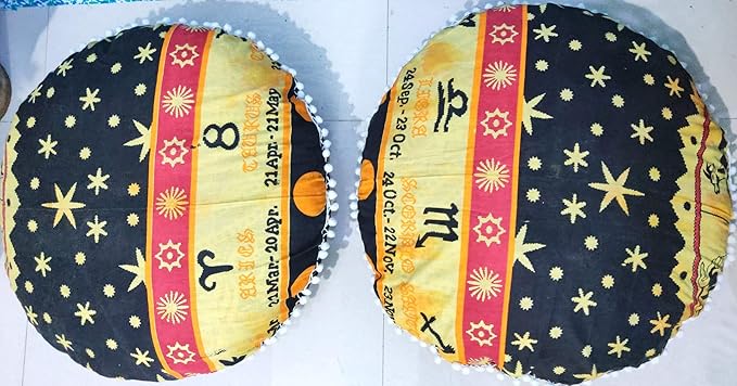 CRAFT KALA Mandala Floor Pillow Cushion Cover Seating Throw Cover Hippie Decorative Bohemian Ottoman Poufs Pom Pom Pillow Cases Indian Cotton Living Room Home Décor 24" Round Set of 2, Yellow Zodiac