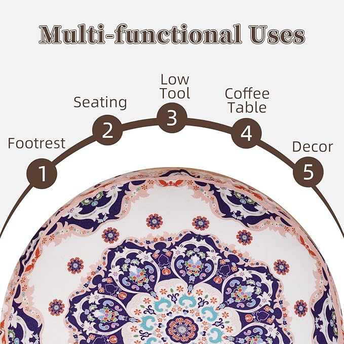 Unstuffed Pouf Cover Ottoman Footrest Bohemian Chenille Foot Stool Floor Bean Bag 20x8 Inches for Living Room Bedroom Home Decor (Blue, Round)