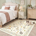 Cat 3x5 Area Rugs for Entryway, Machine Washable Animal Floral Accent Rug Non-Slip Low Pile Soft Throw Rugs for Kitchen Bedside Living Room Bedroom Kids Room (3 x 5,Beige)