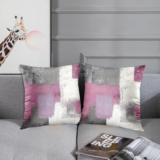 Emvency Set of 2 Pink Painting Throw Pillow Covers Contemporary Line Gray Abstract Modern Design Retro Decorative Pillow Case Home Decor Standard Square 18x18 Inch Cushion Pillowcase