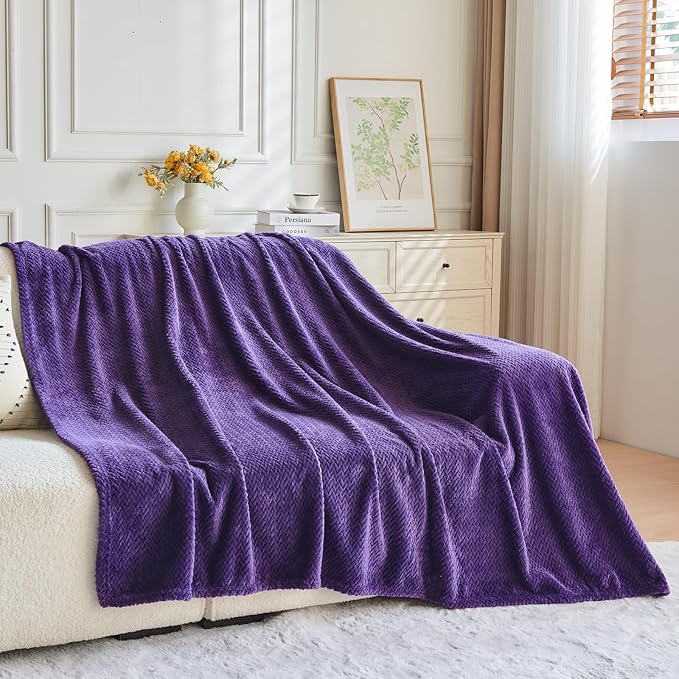 NEWCOSPLAY Super Soft King Blanket Dark Purple Premium Silky Flannel Fleece Leaves Pattern Lightweight Bed Blanket All Season Use (Dark Purple, King(90"x110"))
