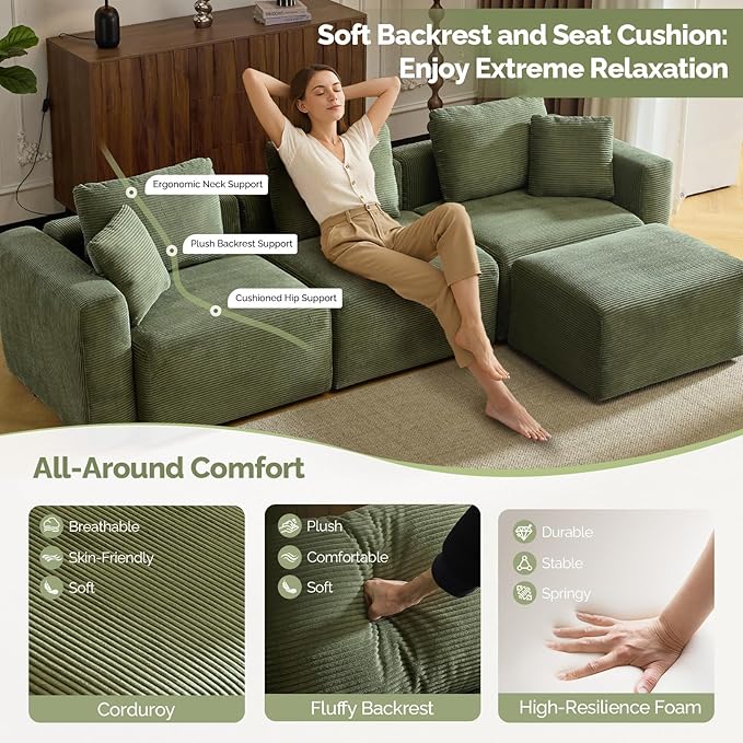 VINGLI 112.2“ Convertible Corduroy Cloud Sectional Couches with Movable Ottoman, L-Shaped Boneless Couches for Living Room with Deep Seat, 3 Seater Modular Spineless Sofa, No Assembly Required, Green