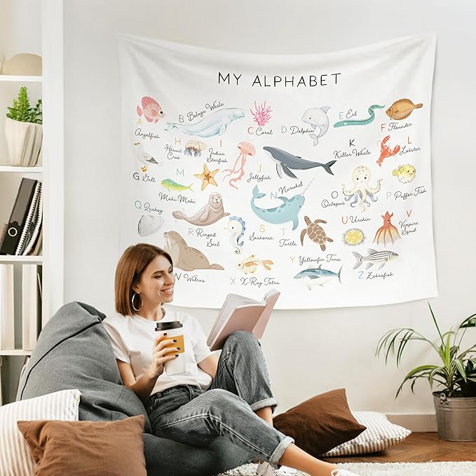 WARDOS Ocean Nursery Alphabet Tapestry, Sea Animals Kids Tapestry Wall Hanging, ABC Alphabet Educational Wall Blanket Decor for Classroom Toddler Kids Nursery Bedroom Playroom, 50x60 Inch