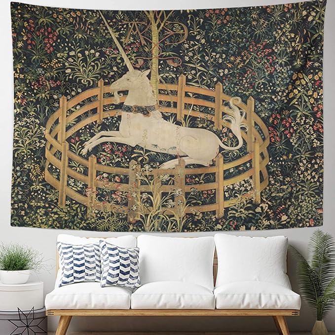 Semtomn Tapestry Artwork Wall Hanging Medieval Vintage Hunting Unicorn Captivity 60x80 Inches Home Decor Tapestries Mattress Tablecloth Curtain Print