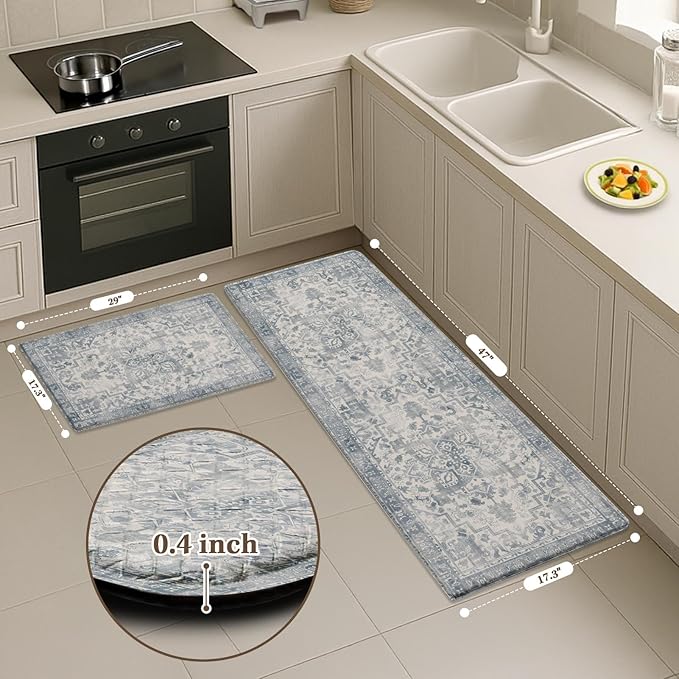 Arttown Kitchen Mats for Floor 2Pcs-Anti Fatigue Non Slip Mats for Kitchen Floor, Cushioned Waterproof & Stain-Resistant Boho Stripe Mat Set, Laundry Room, Office, Sink, Desk (Light Blue)