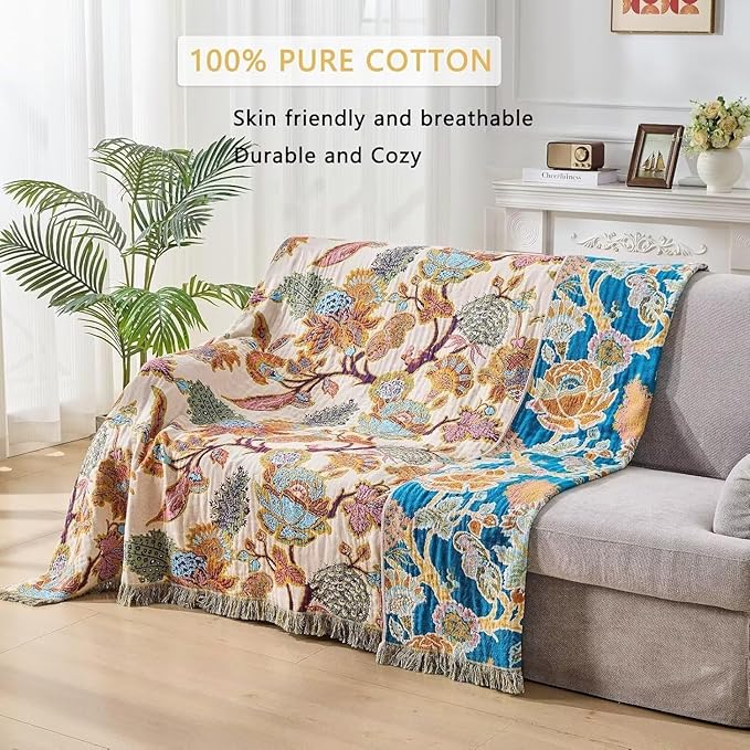 Boho Throw Blanket Farmhouse Decor Throw Blanket Bohemian Blanket for Bed 100% Cotton Muslin Woven Couch Blanket All Seasons Quilt Bedroom (Beige, 90"x98")