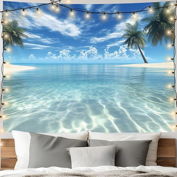 AOHMPT Ocean Tapestry, Beach Evening Sunset Tapestry, Natural Beach Palm Tree Landscape Tapestries Poster, Seaside Landscape Wall Hanging for Bedroom, Dorm Room and Living Room Wall Decor 79" L x 59" W