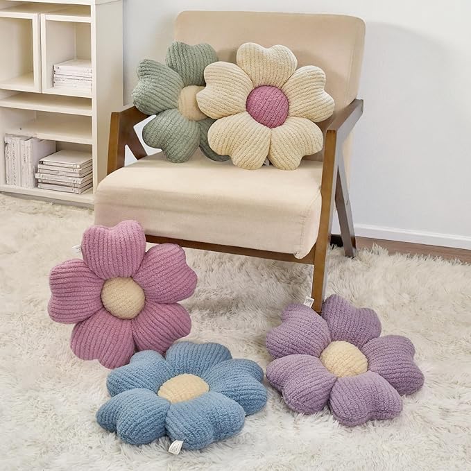 2 Pcs Blue Decorative Throw Pillows, 15'' Cute Daisy Flower Shaped Pillow Floor Seating Cushion for Bed Couch Bedroom Room Dorm Decor (Blue & Ivory)
