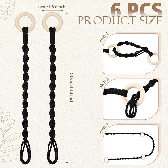 6 Pack Adjustable Macrame Plant Hanger Extender Handmade Woven Hanging Basket Extenders Connectable Rope Hanging Extension with Wooden Ring for Indoor Outdoor Plant Pot Holder(Black)