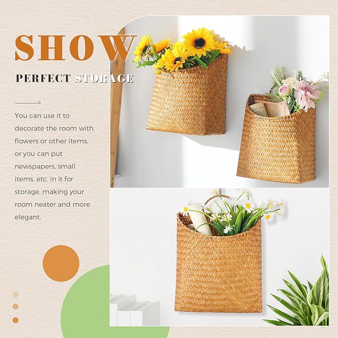 Boao 2 Pack Hanging Basket for Front Door Seagrass Wall Basket Hand Woven Different Sizes to Hold Flowers and Mail Wall Mounted Racks Storage Organize for Home Garden Farmhouse (Natural Color)