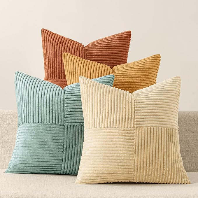 MIULEE Boho Farmhouse Decorative Throw Pillow Covers 20x20 Inch 4 Packs Soft Vintage Pillow Cases Modern Corduroy Patchwork Cushion Covers for Couch Sofa Bed Home Decor, Teal-Rust