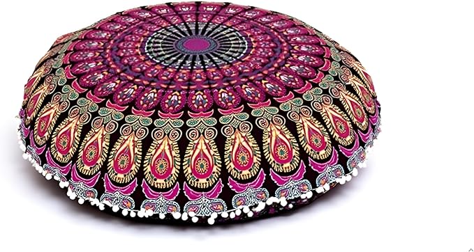 ICC 32 Inch Floor Pillows & Cushion covers Decorative Hippie Mandala Pouf Pillow covers Seating Meditation Cushion Cover Bohemian Large Boho Ottoman Case Pillowcase Couch Round Pink