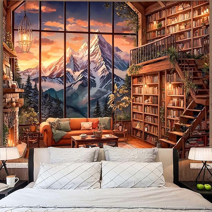 Accnicc Forest Mountain Library Tapestry Fantasy Bookshelf Tapestries Wall Hanging Vintage Watercolor Nature Fairy Library Backdrop Extra Large Tapestry for Bedroom Living Room Classroom 90 x 68 inch