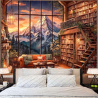 Accnicc Forest Mountain Library Tapestry Fantasy Bookshelf Tapestries Wall Hanging Vintage Watercolor Nature Fairy Library Backdrop Extra Large Tapestry for Bedroom Living Room Classroom 90 x 68 inch