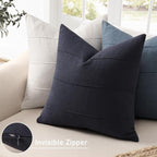ZWJD Decorative Linen Throw Pillow Covers 16x16 Set of 2 Solid Handcrafted Striped Cushion Covers for Bed Soft Modern Farmhouse Neutral Pillowcase for Couch Bedroom Living Room Home Decor(Dark Navy)