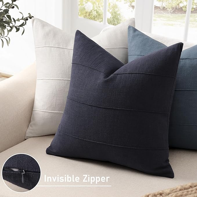 ZWJD Decorative Linen Throw Pillow Covers 18x18 Set of 2 Solid Handcrafted Striped Cushion Covers for Bed Soft Modern Farmhouse Neutral Pillowcase for Couch Bedroom Living Room Home Decor(Dark Navy)