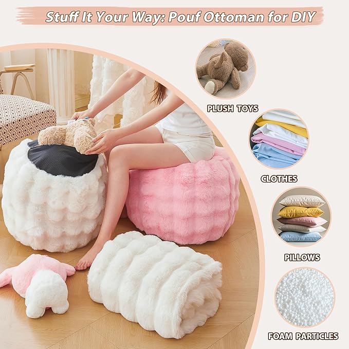 LIFEREVO Faux Rabbit Fur Round Inflatable Pouf Ottoman, 20" X 16" Plush Fuzzy Waffle Bubble Floor Poufs Foot Rest for Living Room Bedroom, Furry Pouf Chair Foot Stool Home Decor, Anti-Slip, Pink