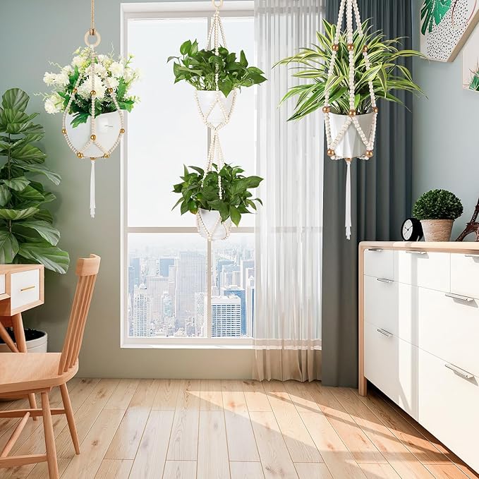 Hotfiary Plant Hanger Indoor Hanging Plant Holder Hang Planter Basket Wood Bead Decorative Flower Pot Holders Boho Farmhouse Rustic Decor Indoor Outdoor (Pot Not Included)