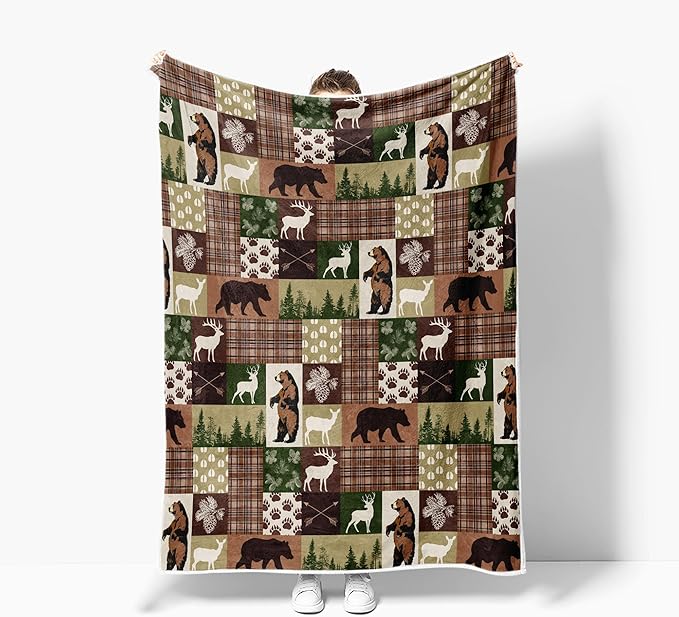 Rustic Bear Throw Blankets for Kids, Soft, Flannel, Warm, Rustic Cabin Fleece Blankets Decor, Farmhouse Country Bear Moose Forest Plush Throw Blanket for Couch Sofa 60X90 Inch
