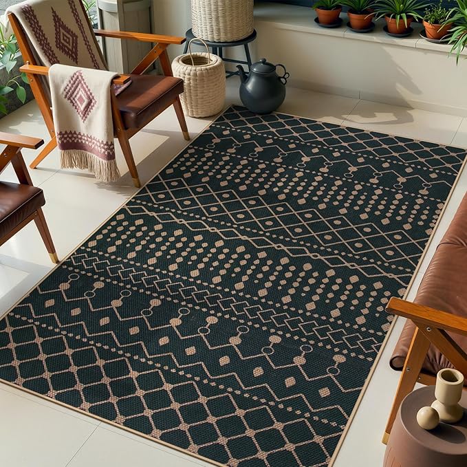Lahome Moroccan Easy Jute Entryway Rug, 3x5 Black and White Rug for Living Room, Non-Slip Washable Small Area Rugs, Modern Geometric Indoor Outdoor Carpet for Kitchen Porch Patio