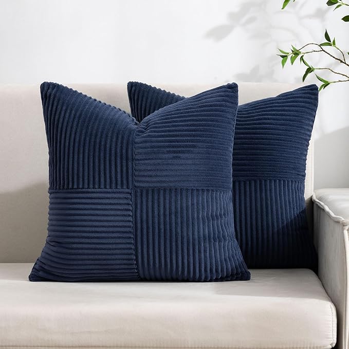 Pack of 2 Corduroy Decorative Throw Pillow Covers for Bed Couch, 18x18 in Boho Aesthetic Home Decor, Soft Corduroy Patchwork Texture Cozy Accent for Couch Sofa Bedroom Living Room, Blue
