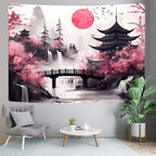 Japanese Anime tapestry, Cool Japan Cherry Blossom Floral Mountain Waterfall Sun Asian Oriental Abstract Ink Art tapestry, Black Pink Nature Landscape Tapestries for Living Room College Dorm, 40X30IN
