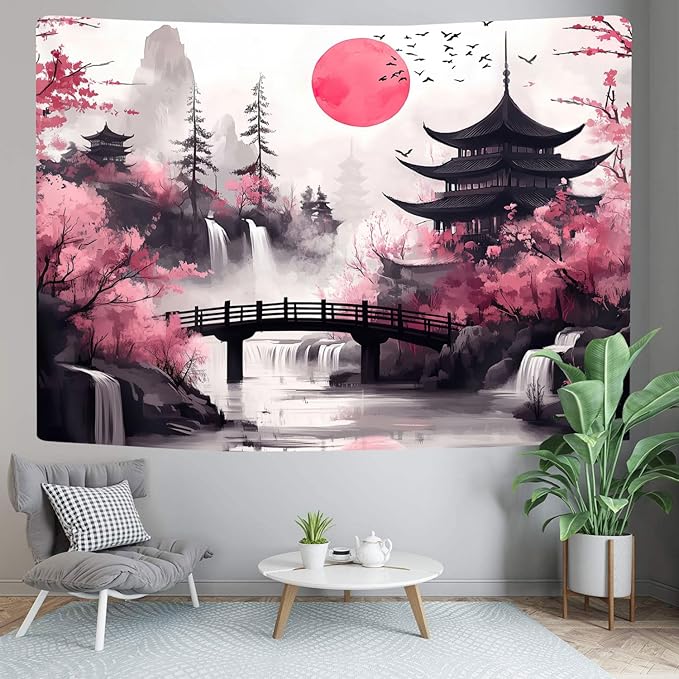 Japanese Anime tapestry, Cool Japan Cherry Blossom Floral Mountain Waterfall Sun Asian Oriental Abstract Ink Art tapestry, Black Pink Nature Landscape Tapestries for Living Room College Dorm, 80X60IN